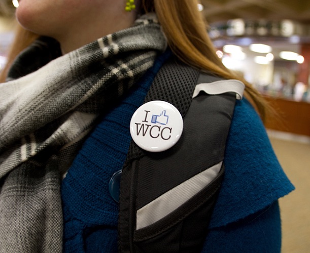 student wearing WCC pin student wearing WCC pin