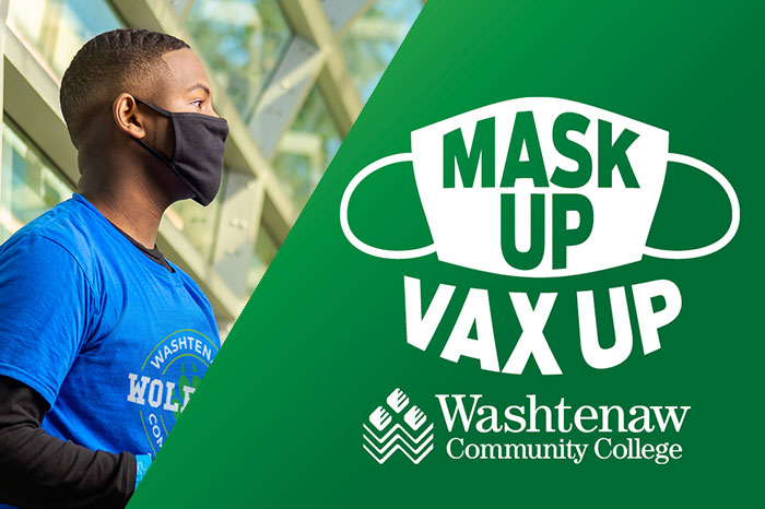 Mask Up Vax Up logo and image of student wearing a mask