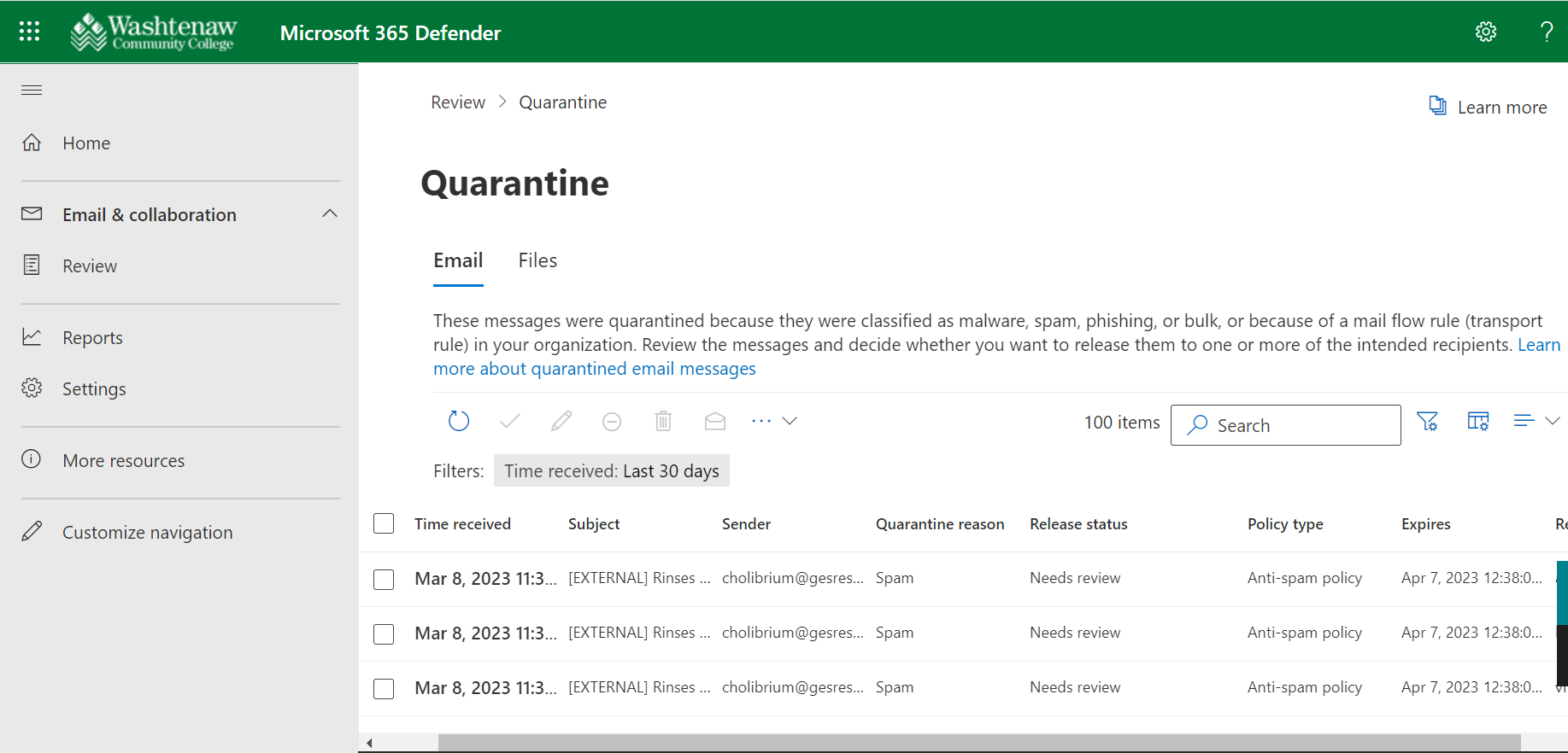 Page view of Microsoft Quarantined protection