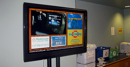An image of a WCC Campus HD Monitor on a stand