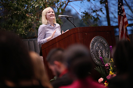 Abbee Elwell delivers her student address at the 2019 Winter Honors Convocation on Thursday, Jan. 24.