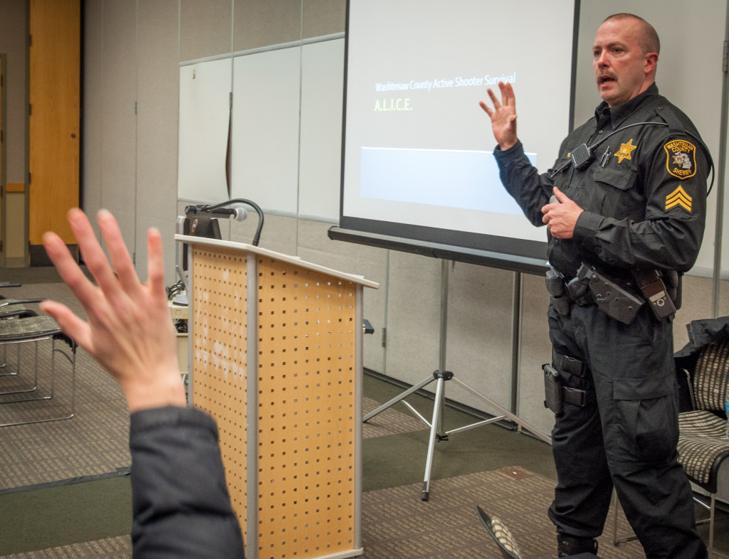 Sgt. Keith Flores of the Washtenaw County Sheriff’s Department conducted a two-hour safety lecture for more than 40 WCC students. Photo by Jessica Bibbee