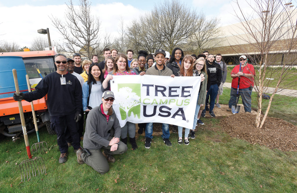 Students helped the WCC Landscape and Grounds team plant a tree in front of the Morris Lawrence Building the day after the college received Tree Campus USA certification last year. (Photo by Lon Horwedel)